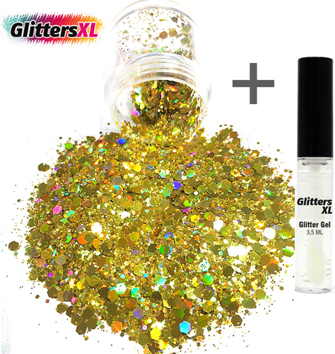 GlittersXL - Chunky Glitters (Goud) (Volume 8g) + Glitter Huid Lijm [Festival Makeup Gezicht Lichaam - Face Body Glitter - Biologisch afbreekbaar - Versiering Dames Volwassen Kinderen]